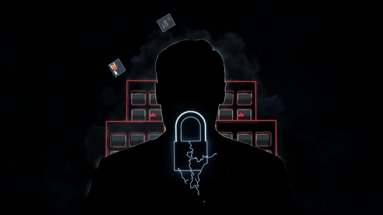 Hotel building silhouette with data breach visualization showing compromised credentials