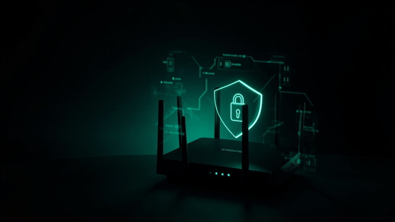 WiFi router with security padlock and shield overlay indicating secure configuration