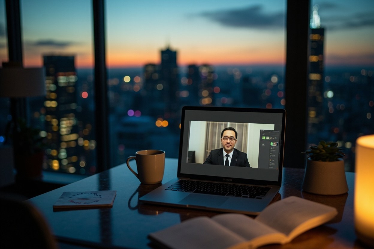 A home office at dusk with a laptop open on a desk, the screen showing a paused video interview room, a coffee mug and a notebook next to the machine, a desk lamp casting warm light across the scene.