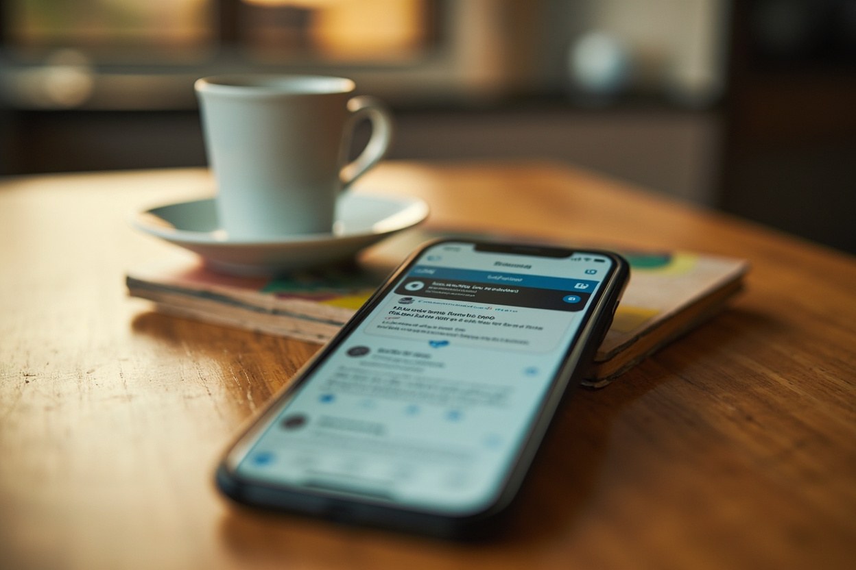 A close-up of a smartphone lying on a wooden kitchen counter, the screen showing a LinkedIn direct message, with morning daylight spilling across the surface and a plant in soft focus in the background.