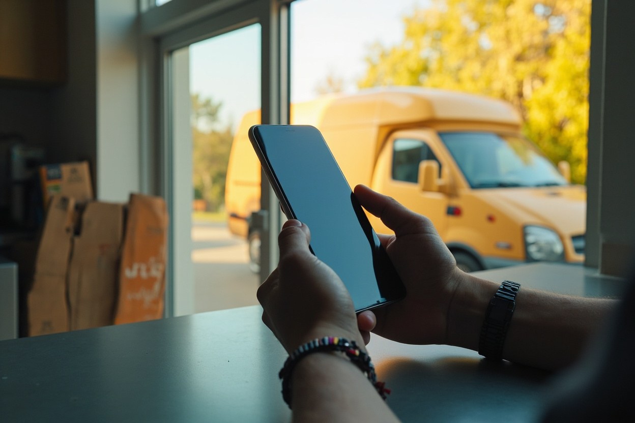 A hand holding a smartphone on a kitchen counter with a blurred courier van visible through the window in daylight