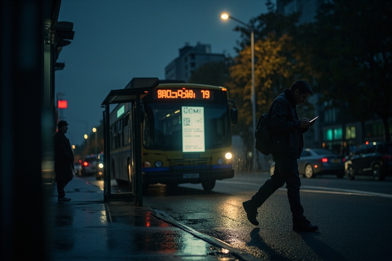 A person walking past a rainy city bus stop at dusk, phone in hand, head down, streetlight glowing on wet pavement.