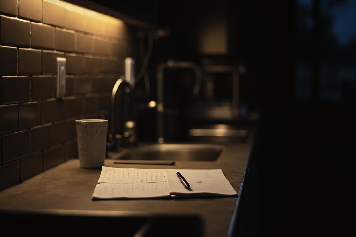 An empty kitchen at night with a single notebook open on the counter near a pen, warm overhead light, no people.