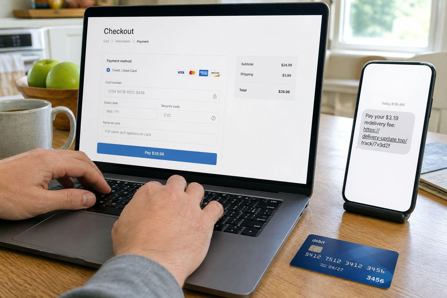 A debit card next to a laptop checkout form.