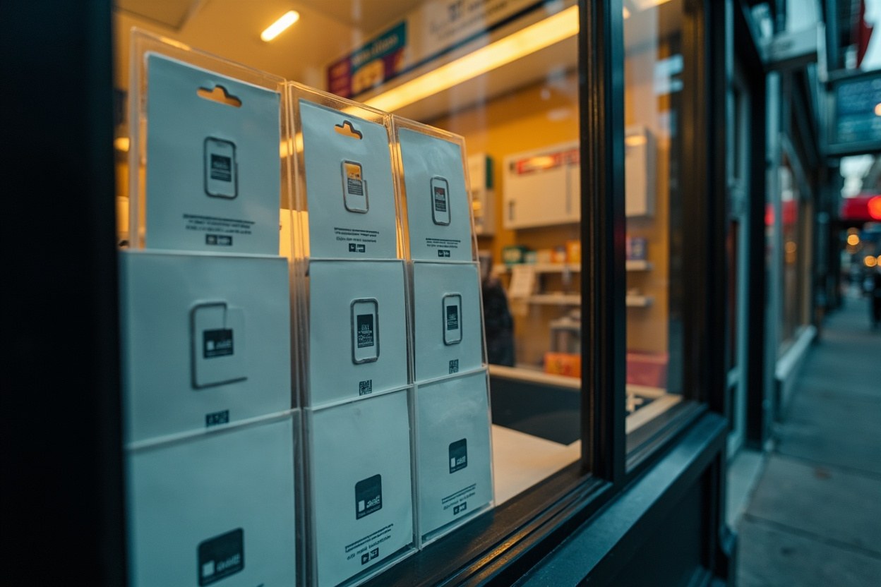 A wireless carrier storefront window with a display of SIM card packaging under interior lighting, the street outside quiet at midday.