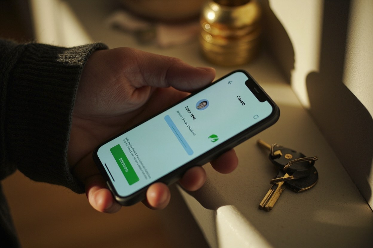Close-up of a hand setting a phone face-up on a hallway shelf beside a set of keys, soft interior light