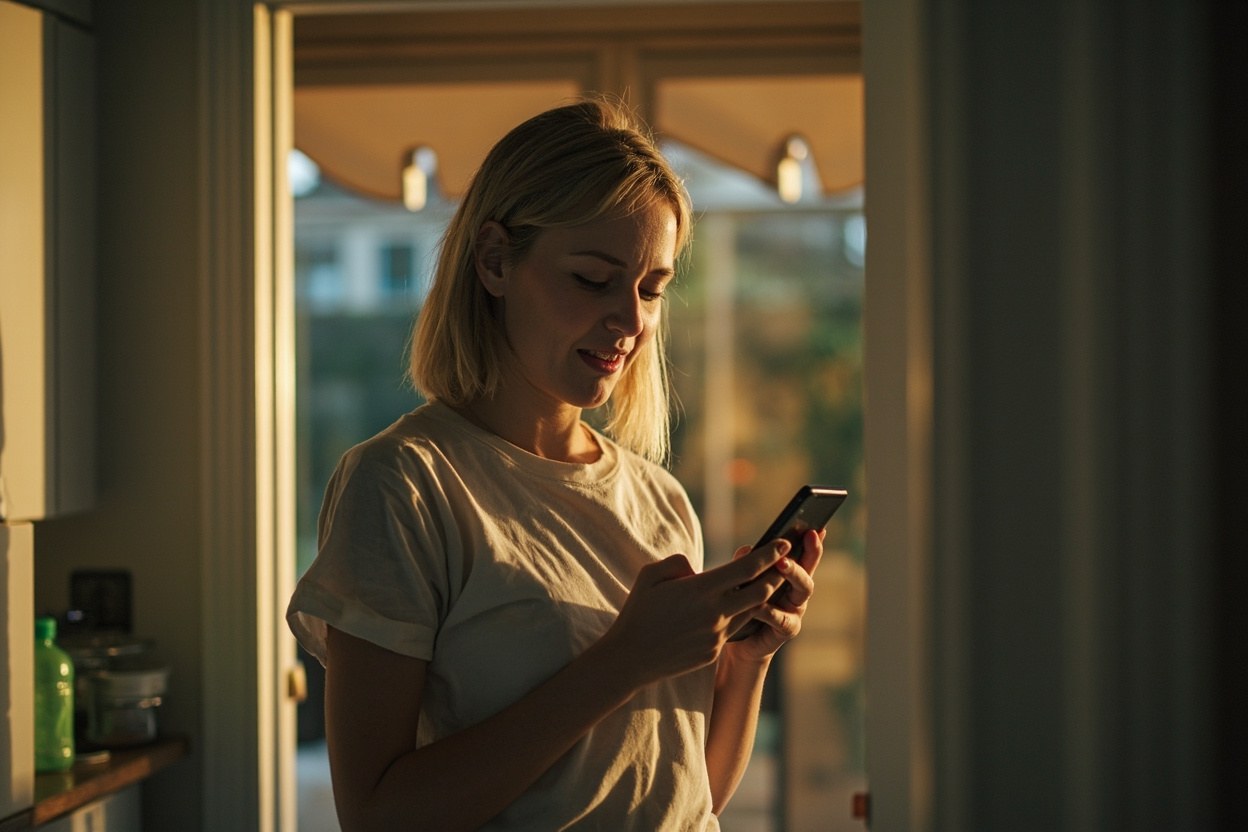 Person in a sunlit kitchen doorway holding a phone with a cautious expression, late afternoon daylight