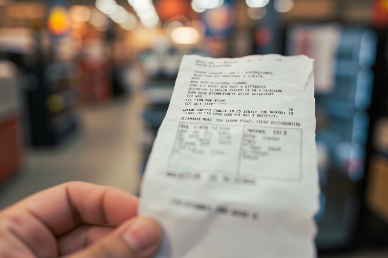 A close up of a thermal printed paper receipt held in a hand, the printed lines out of focus, the shop interior blurred behind it in warm interior light
