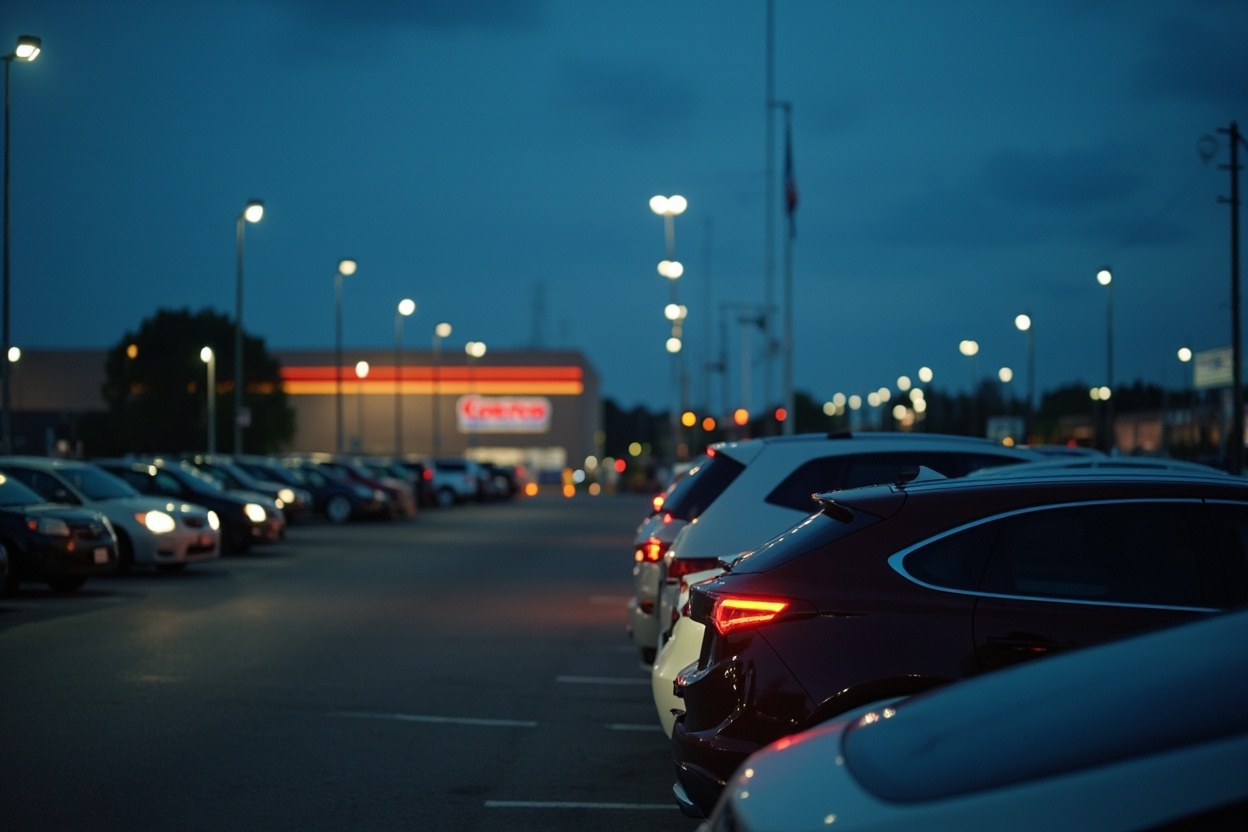 A retail parking lot at dusk with rows of cars and the orange trim of a warehouse store in the distance, floodlights on the signage