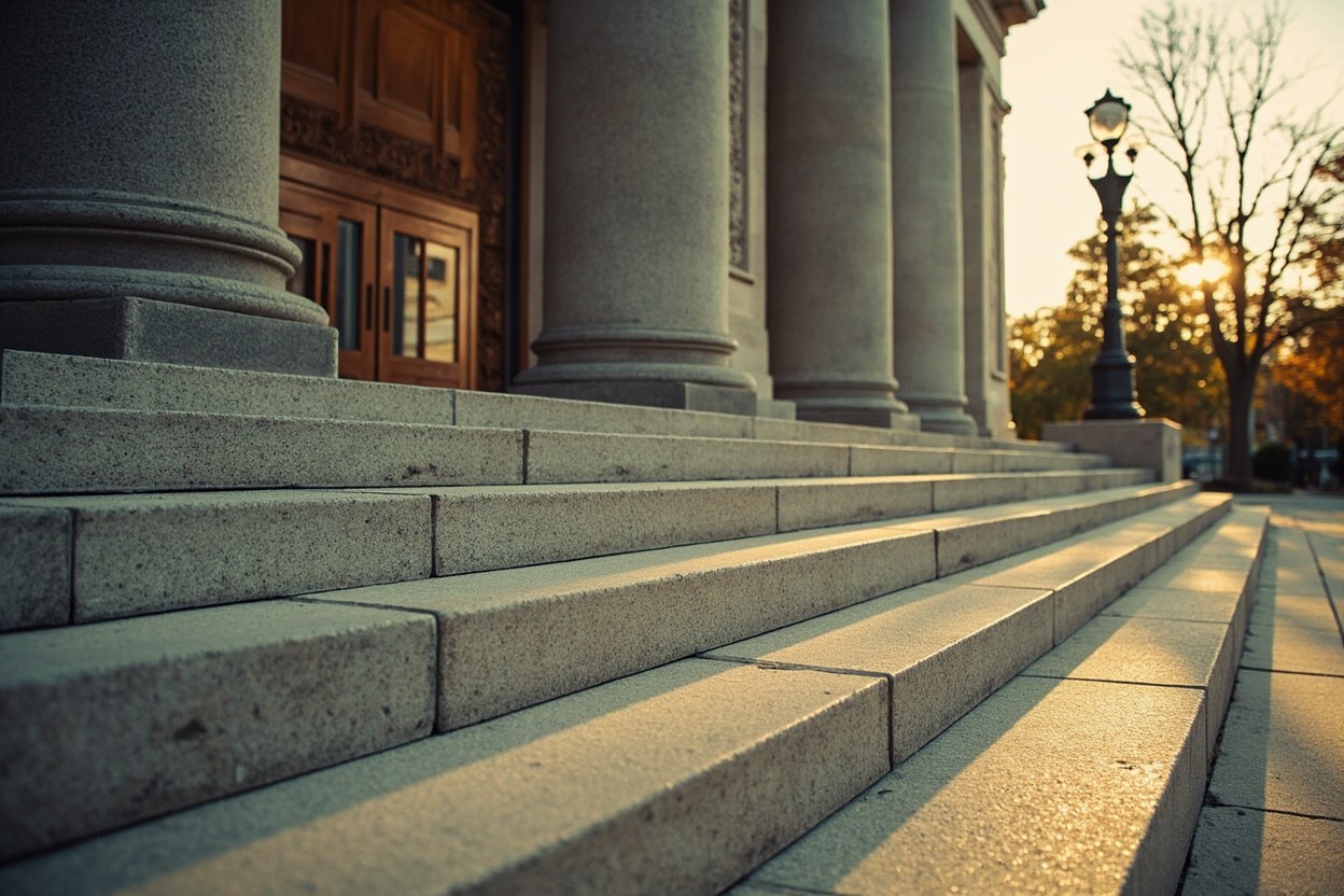 Stone steps of a county courthouse seen from the pavement in late afternoon daylight, the entrance doors closed and the notice board on the wall covered in printed paper notices.