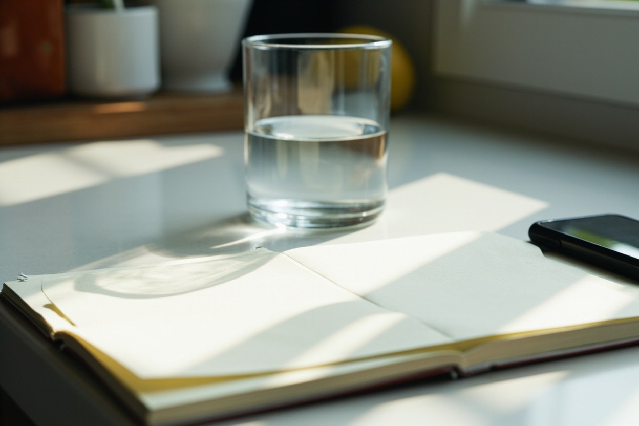 A bright kitchen counter with a glass of water and a notebook open to a blank page, daylight falling across the surface