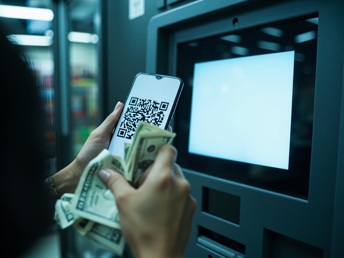 A person in a store holds up a phone showing a QR code to a crypto kiosk while clutching a handful of twenty dollar bills, the last step of a bitcoin ATM scam.