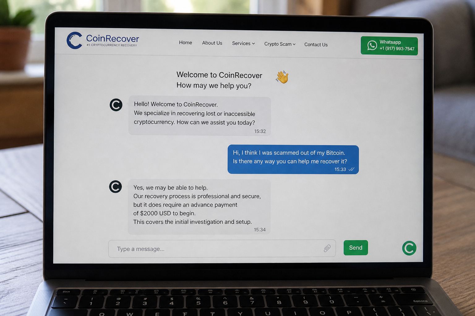 A laptop chat from a crypto recovery firm asking for money up front.