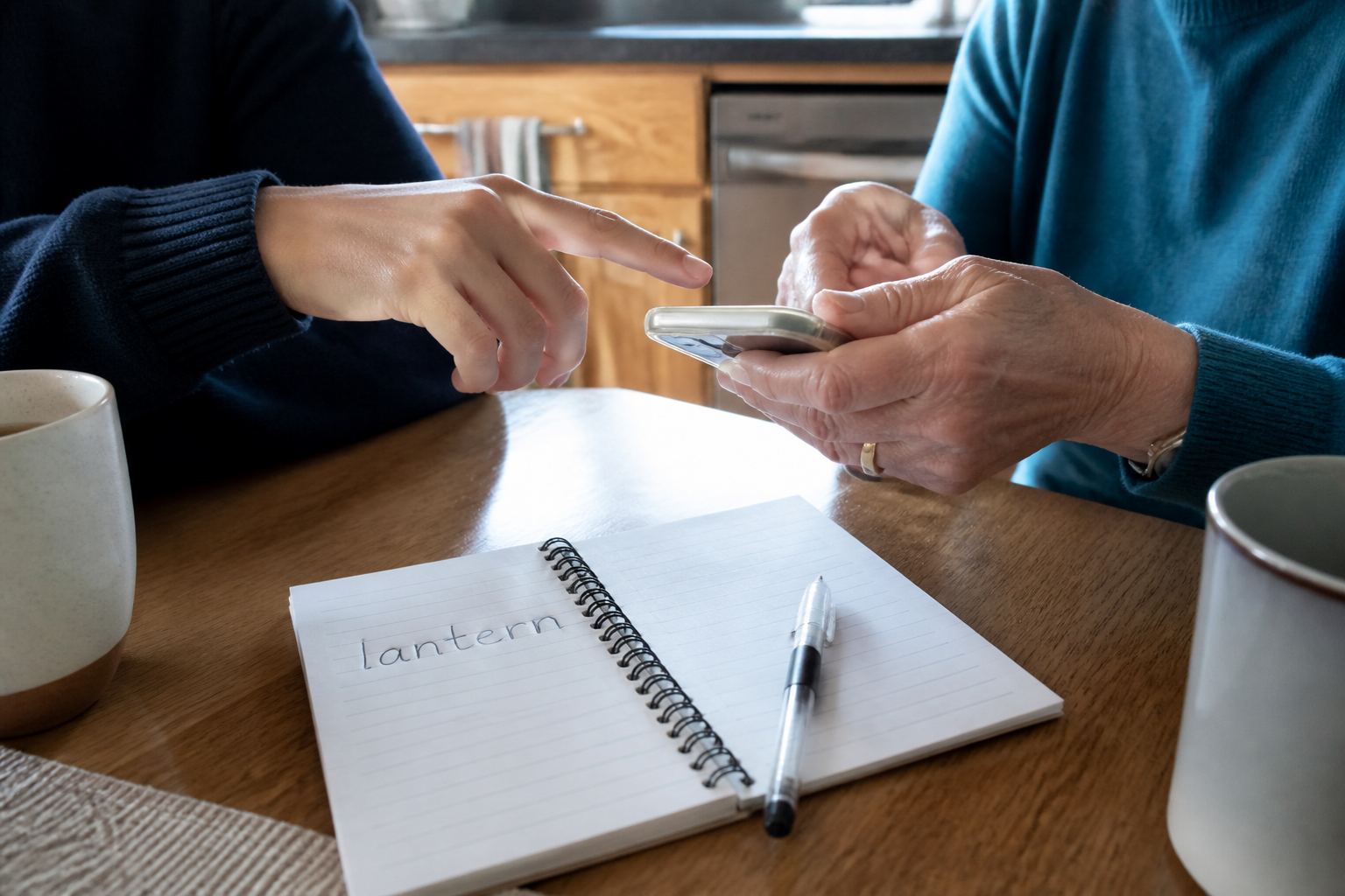 Someone helping a parent with a phone at the kitchen table.