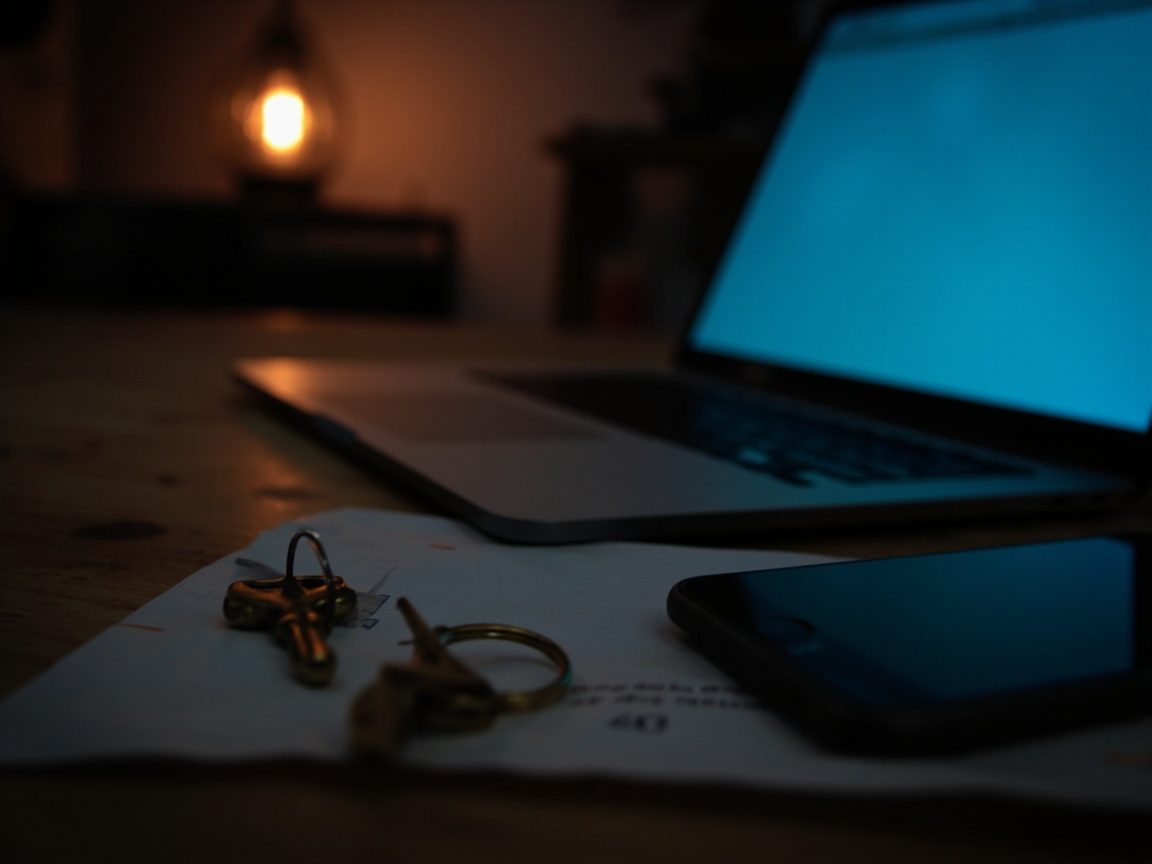 An open laptop glowing blue on a dark kitchen table at night, with a set of keys on an envelope and a phone lying face down beside it.