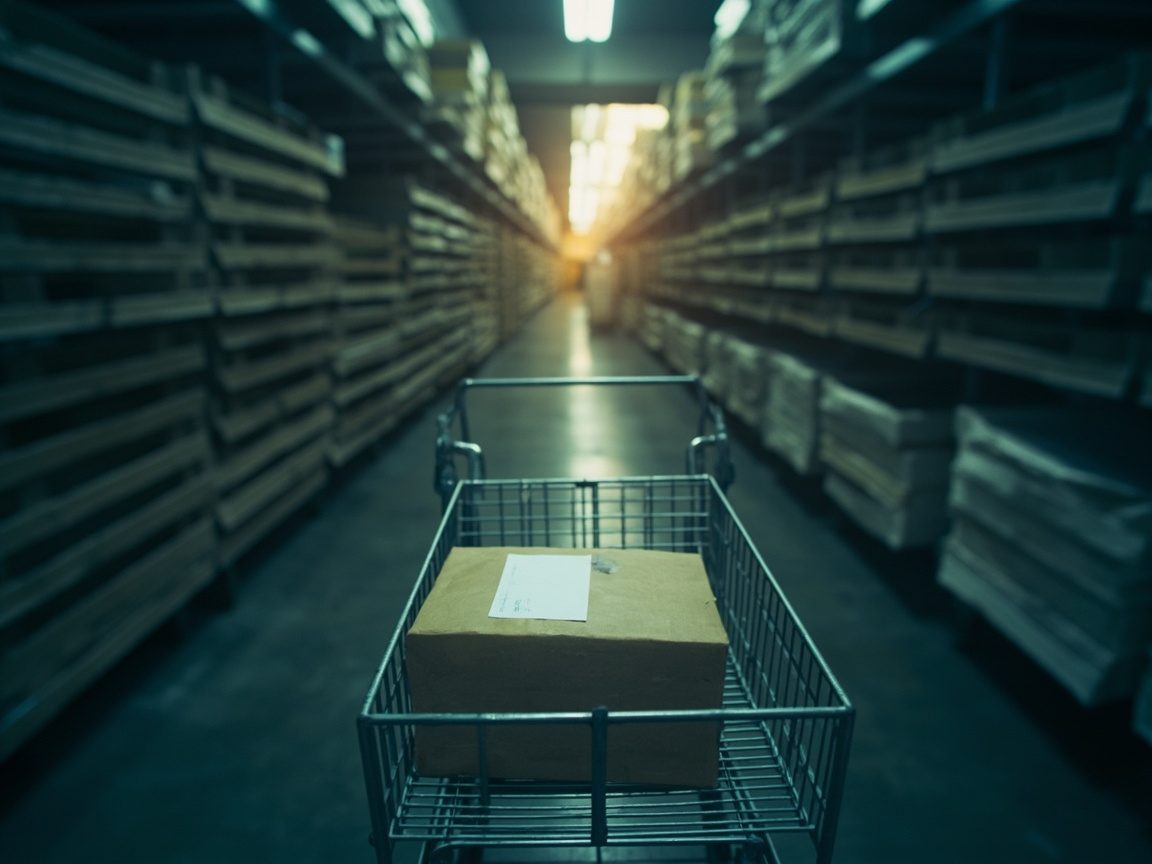 A single brown parcel set aside in an otherwise empty wire cart in the aisle of a dim mail facility.