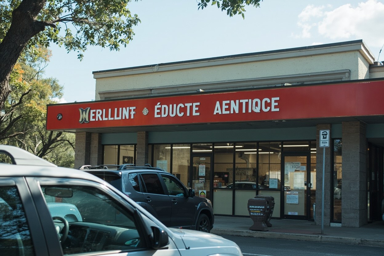 Government motor vehicle agency entrance with signage and cars parked in front during daylight