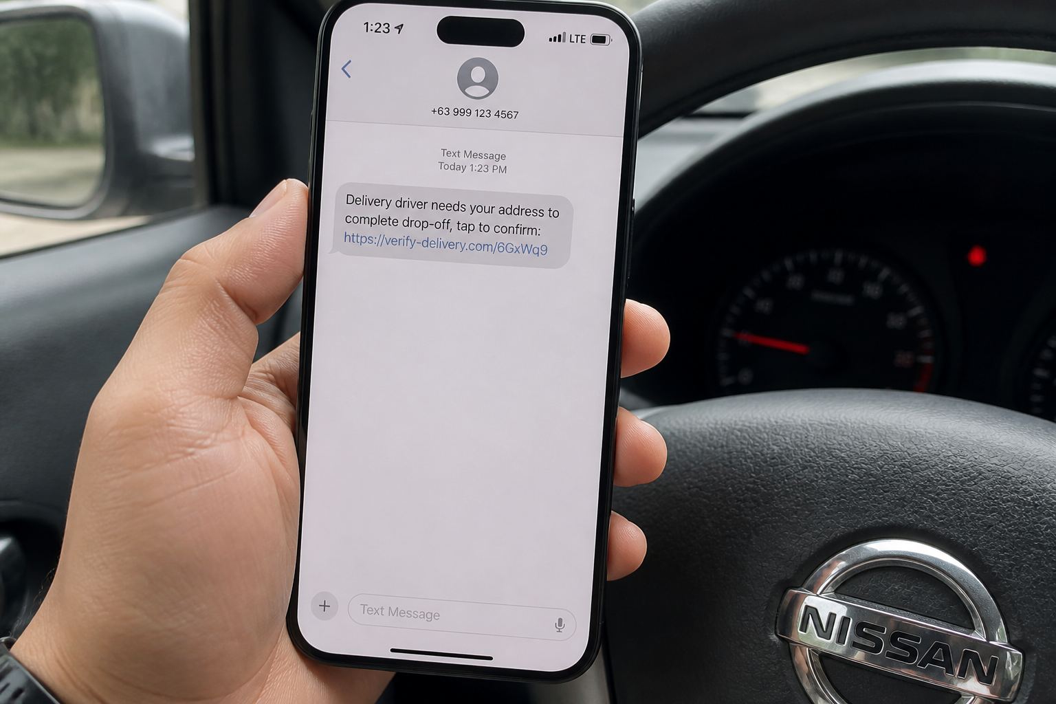 A phone showing a text that a delivery driver needs your address.