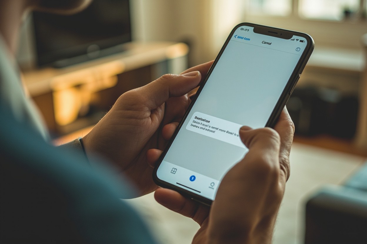 Hand holding a smartphone in soft daylight with a blurred living room in the background, thumb hovering over a notification banner.