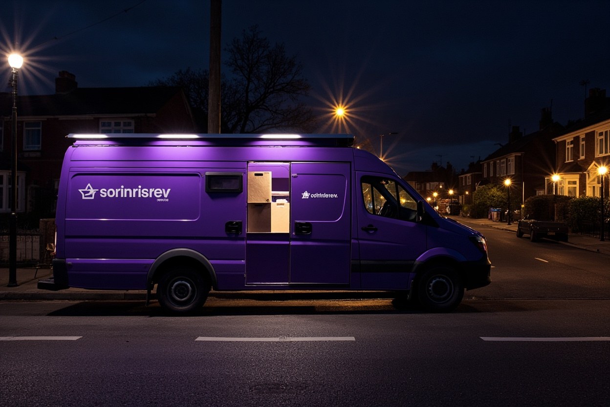 Purple delivery van parked on a residential kerbside under streetlights, parcels visible through the open side door.