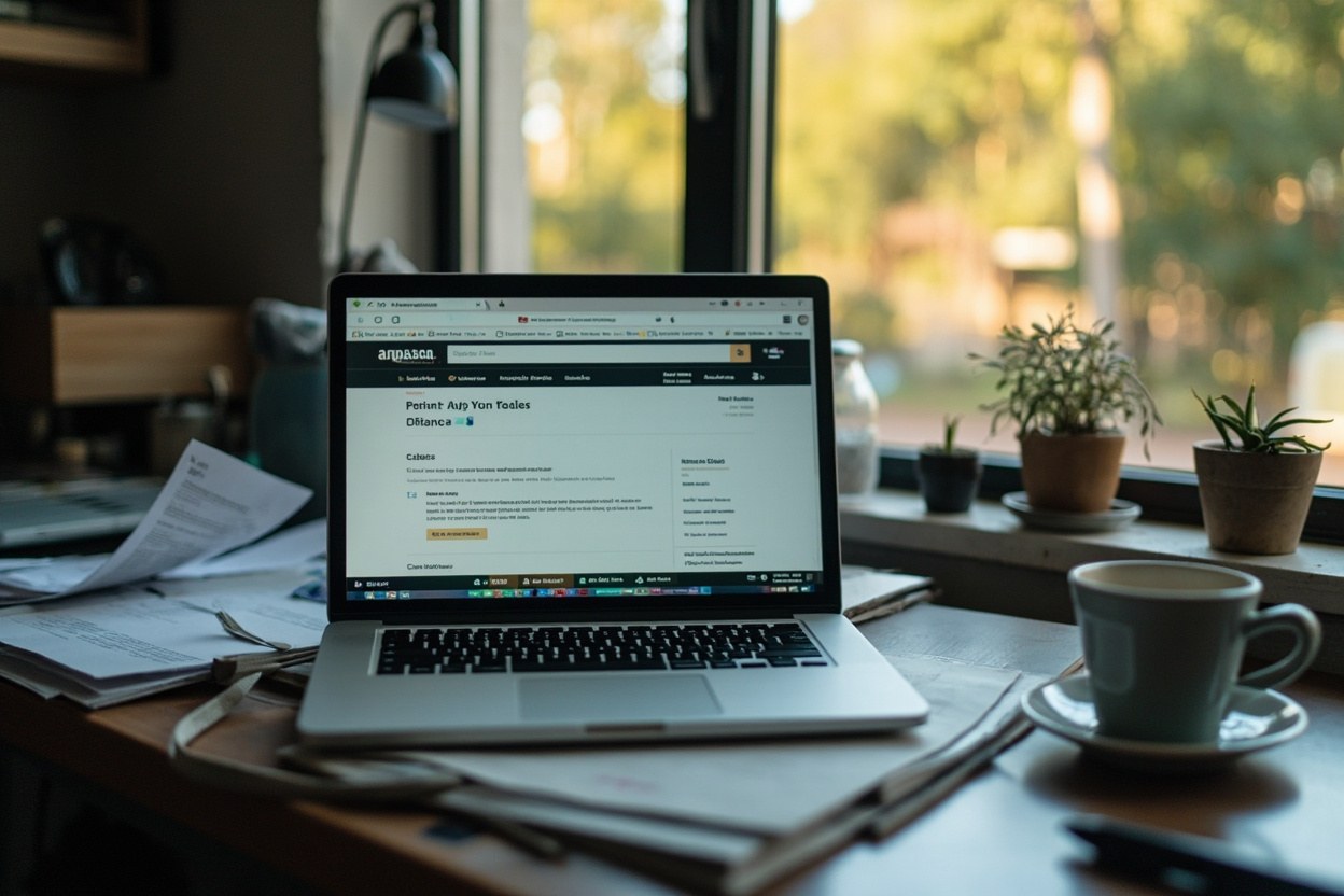 A laptop open on a cluttered desk near a window, a web browser address bar blurred, a cup of coffee beside it in morning daylight