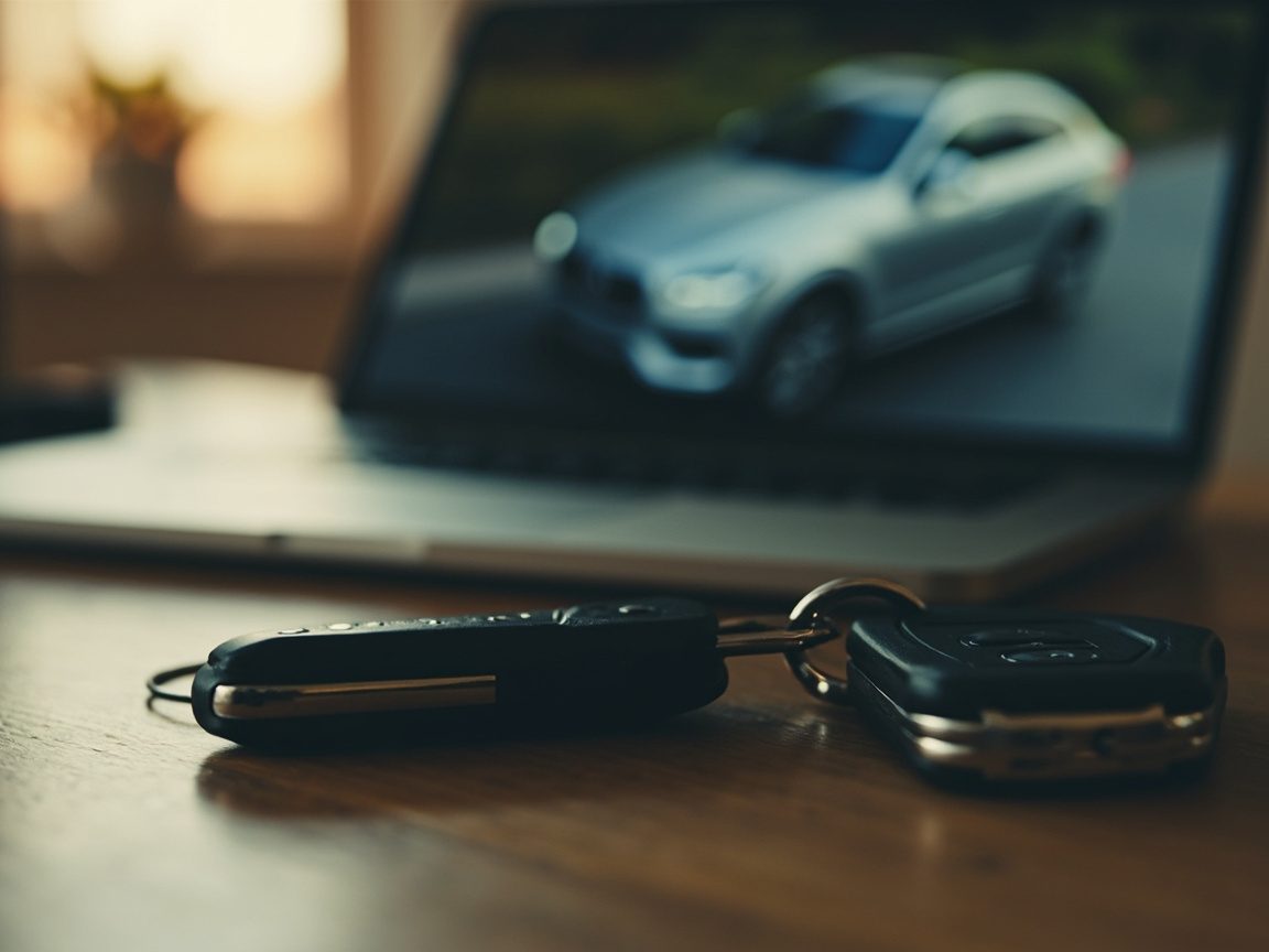 A car key fob on a kitchen table in front of a laptop showing a blurred photo of a silver car, the moment before a buyer sends a deposit to an online dealer.