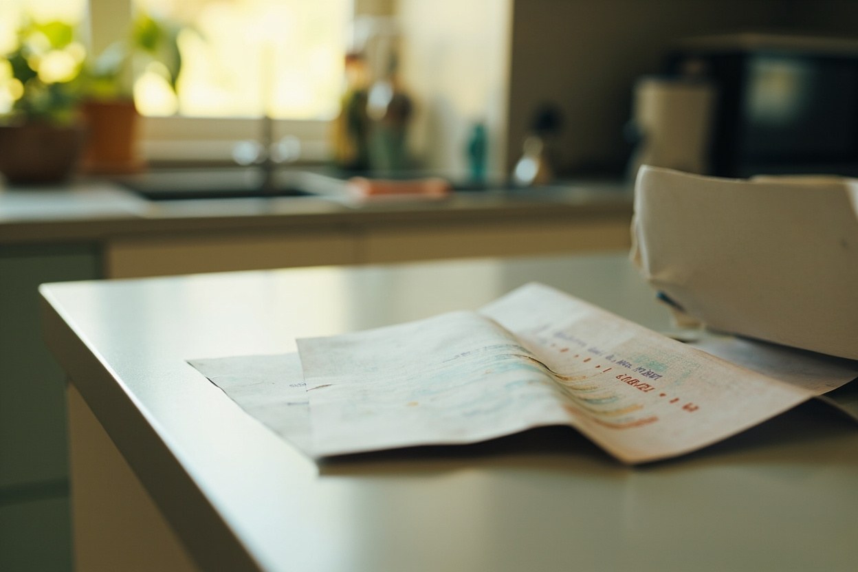 A close up of a printed paper wallet on a kitchen counter, morning daylight from a window.