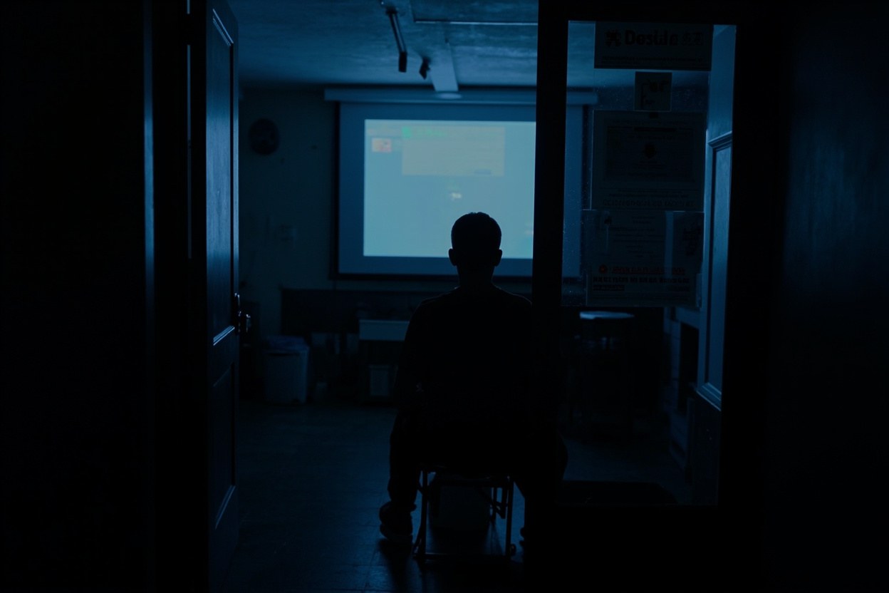 A dim room lit by the glow of a screen at night, a person silhouetted in a chair.