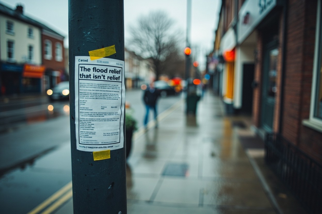 A laminated flyer taped to a metal lamppost on a wet pavement under flat daylight after a storm
