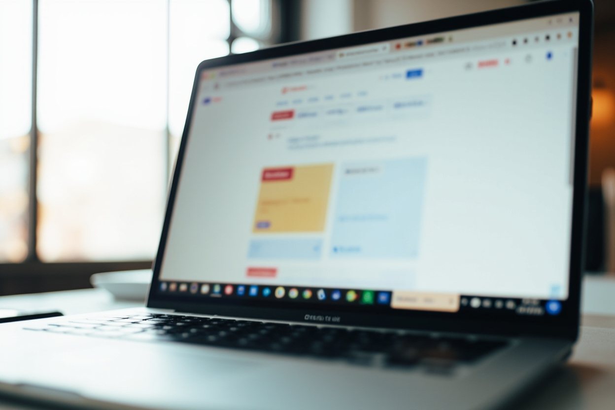 A laptop on a desk showing a generic web browser window with abstract blurred rectangles representing search results.