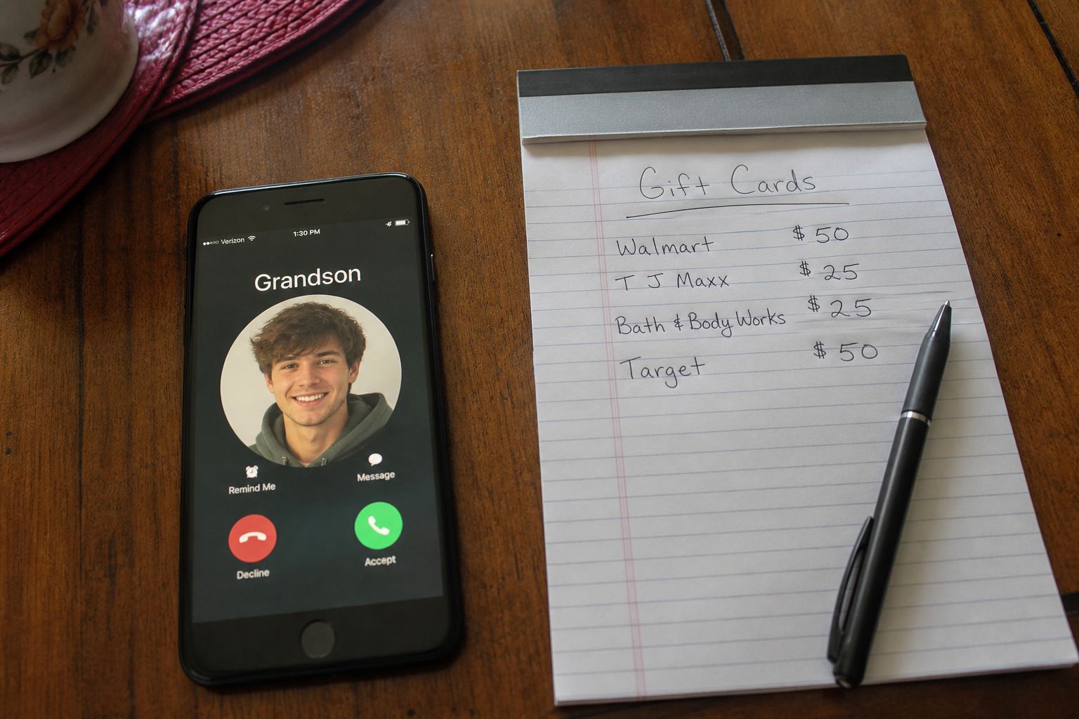 A phone showing an incoming call labelled Grandson, with gift cards written on a pad.