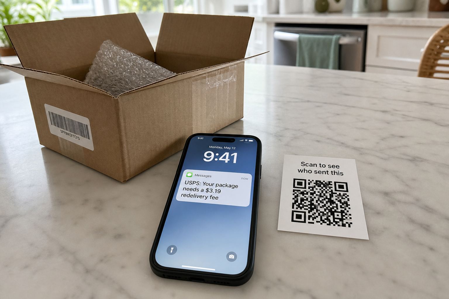 A phone showing a USPS redelivery text next to a QR gift card.