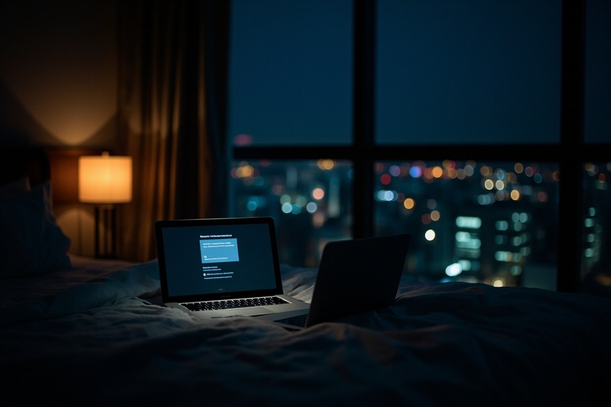 A dim hotel room interior at night with a laptop open on the bed and the curtains half drawn over city lights outside.