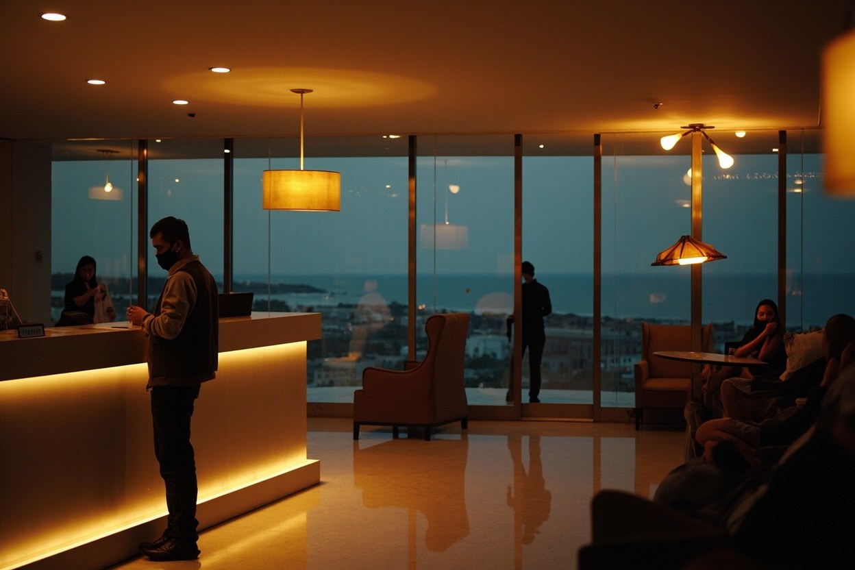 A modern hotel lobby at dusk with a reception desk in soft light and a guest using a phone in the seating area.