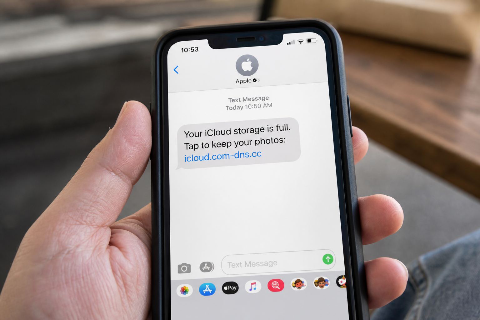 A phone showing an iCloud storage-full text with a tap-to-keep-photos link.