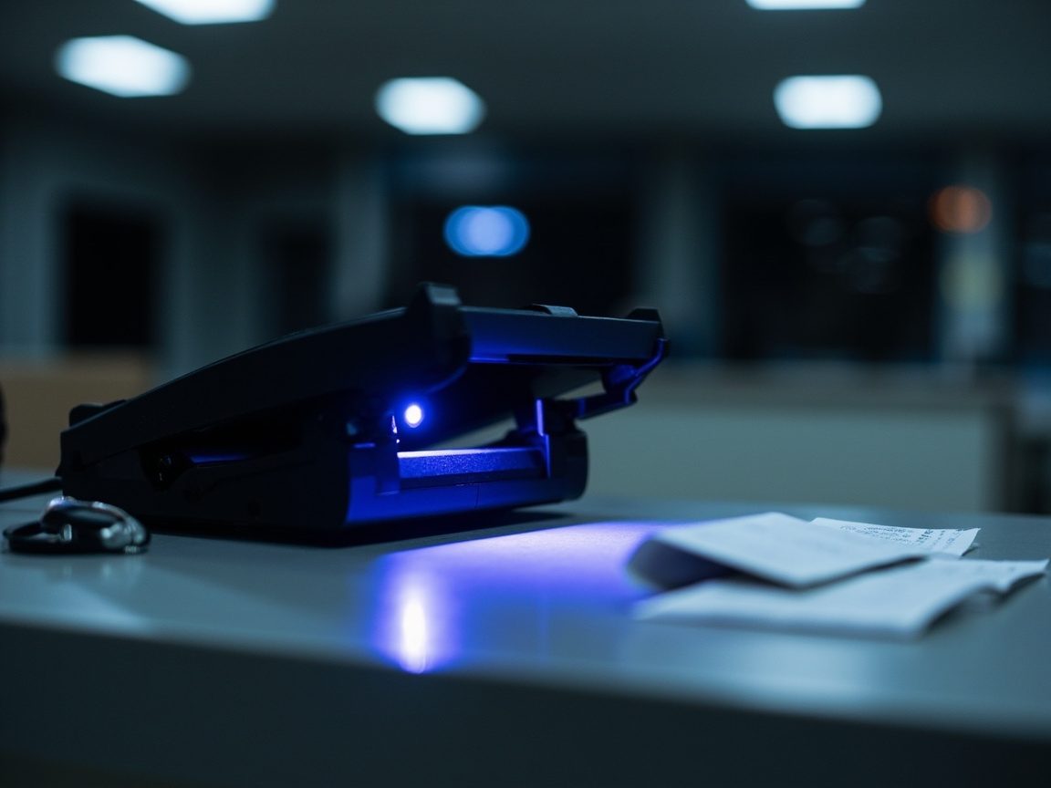 A black ID scanner on a service counter glowing with violet ultraviolet light, next to a car key fob and folded receipts.