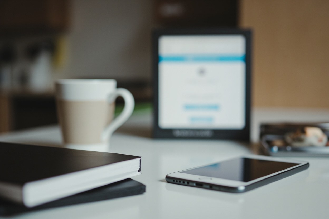 A close-up of a smartphone on a kitchen counter near a coffee mug, with a blurred browser window open on the screen in soft daylight.