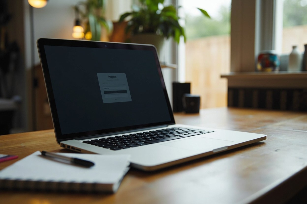 A laptop on a wooden desk with a notebook and pen beside it, the screen showing a generic login form out of focus under warm interior lighting.