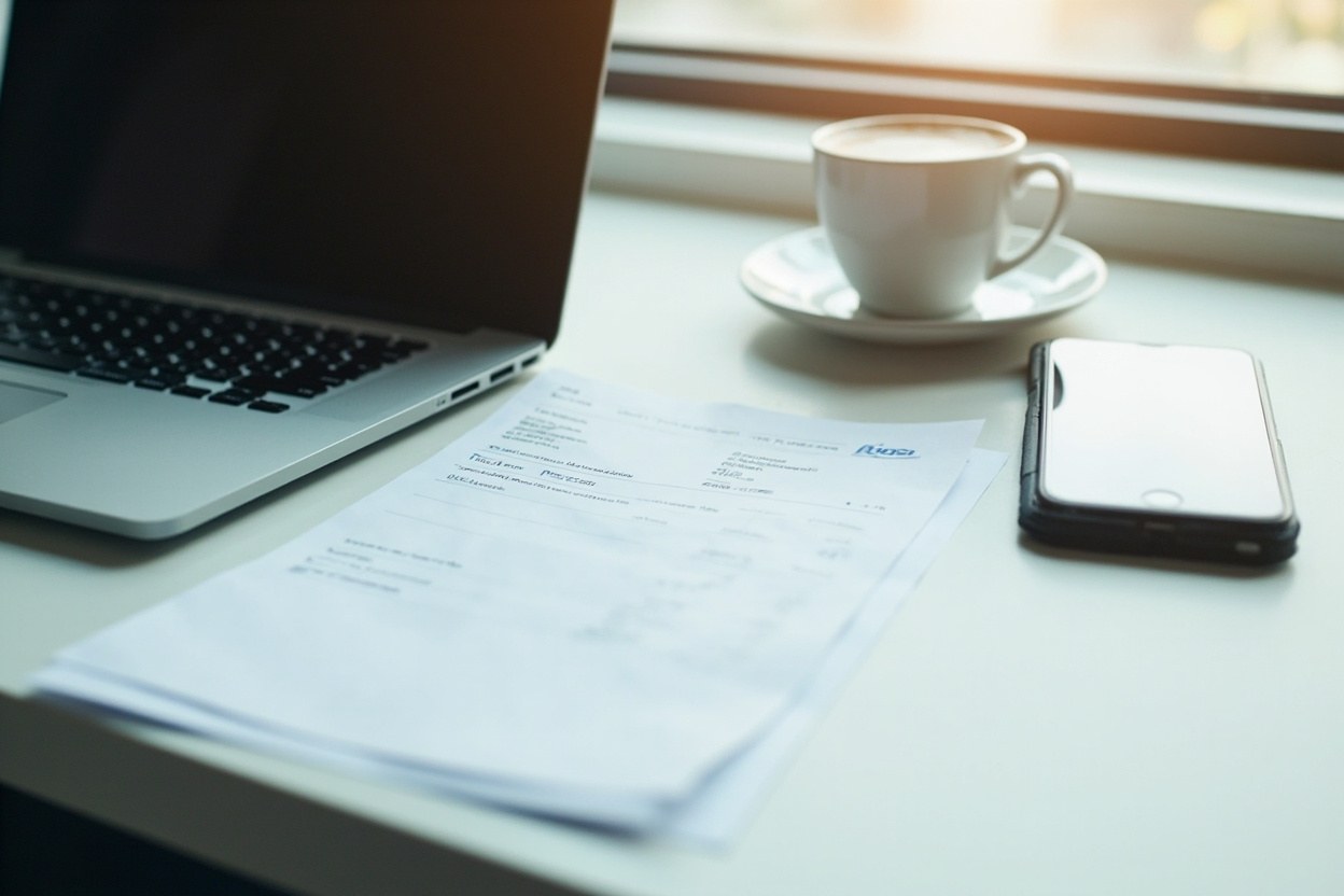 A printed paper invoice on a clean office desk near a closed laptop and a coffee cup, soft daylight through a window