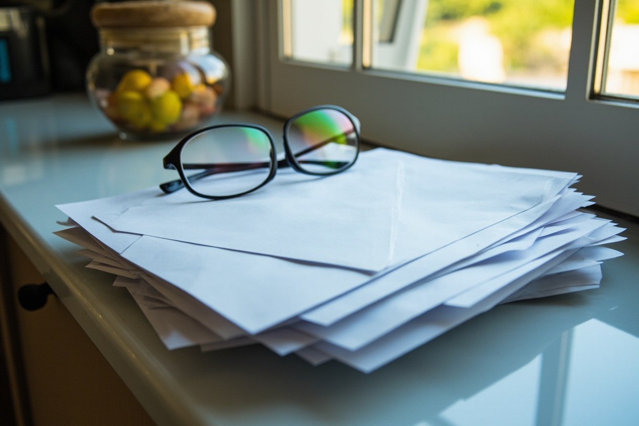 A stack of official white envelopes on a kitchen counter with a pair of reading glasses on top, daylight from a window