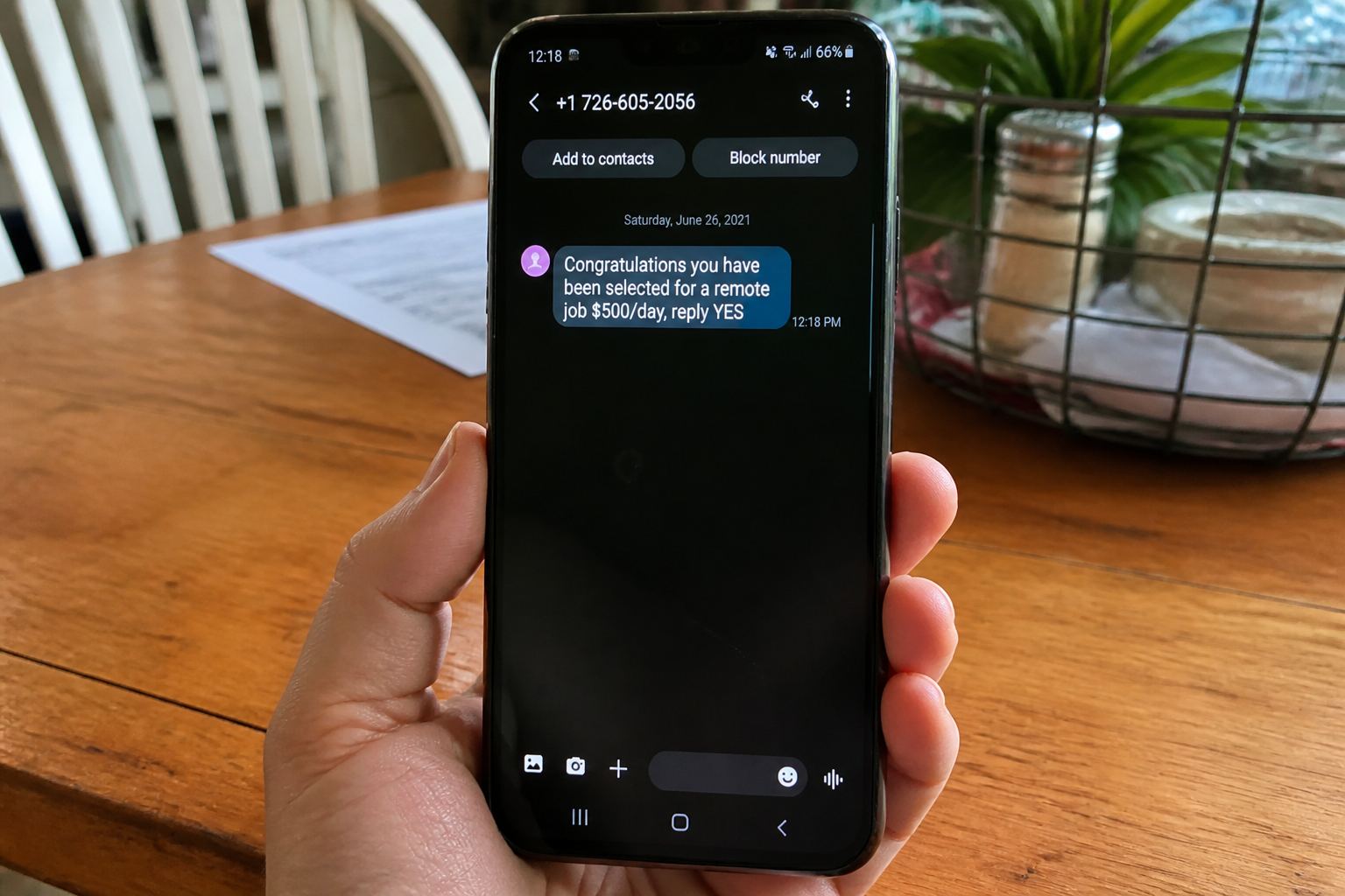 A phone showing an unsolicited remote-job text.