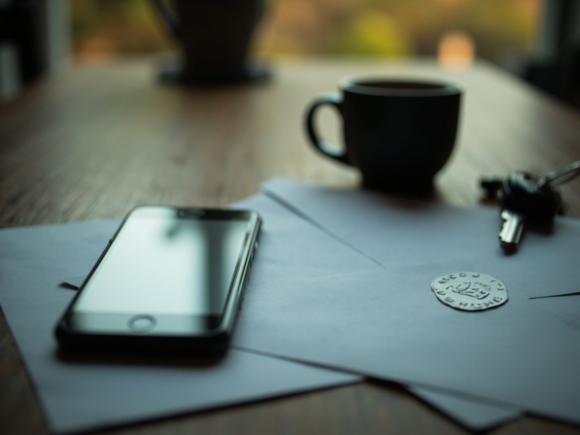 A phone lying on official-looking papers with an embossed seal, next to car keys and a coffee mug on a kitchen table.