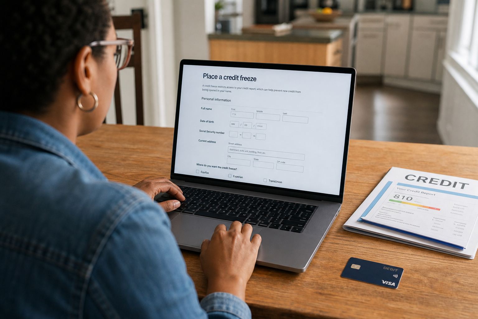 A laptop open to a credit freeze form, with a credit folder beside it.