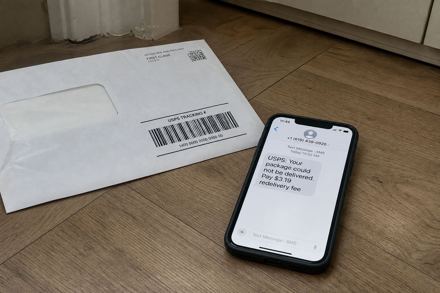 A phone showing a USPS redelivery-fee text next to a paper envelope.