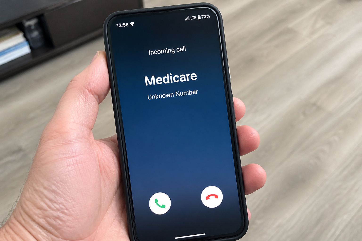 A phone showing an incoming call labelled Medicare.