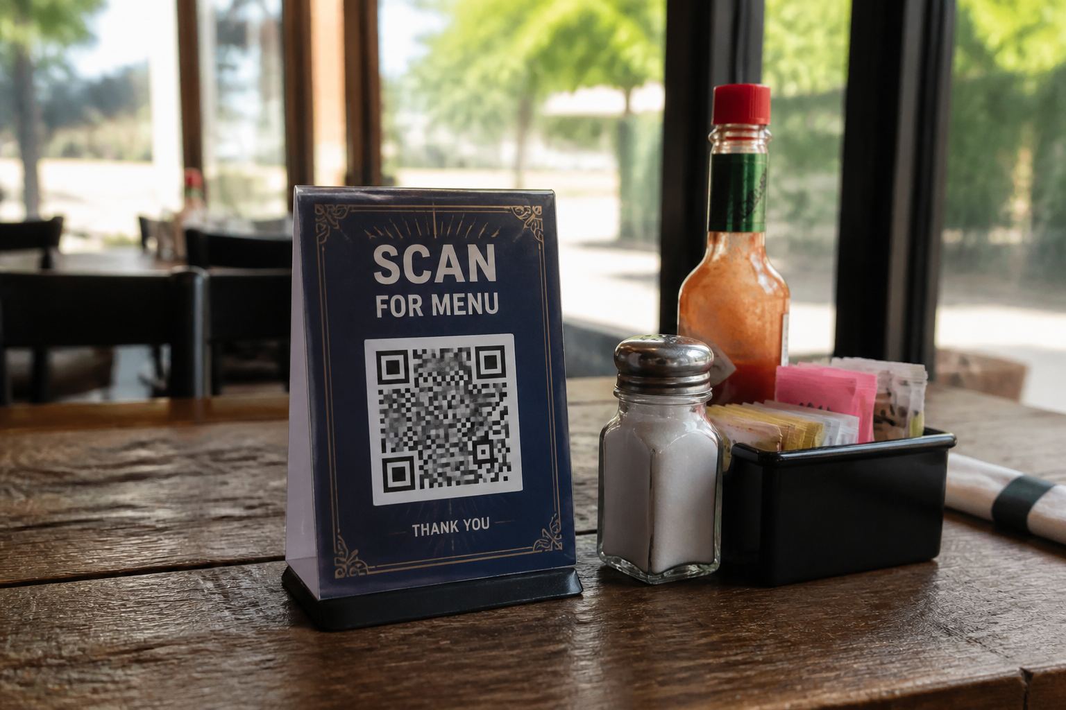 A restaurant table tent that says scan for menu, with a QR code.