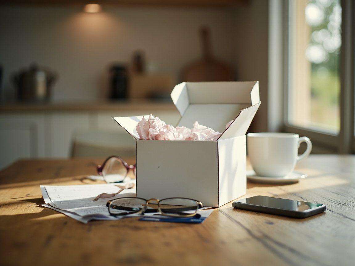 An open white box holding nothing but crumpled tissue paper on a kitchen table, beside reading glasses, a coffee cup, a phone and a bank card.