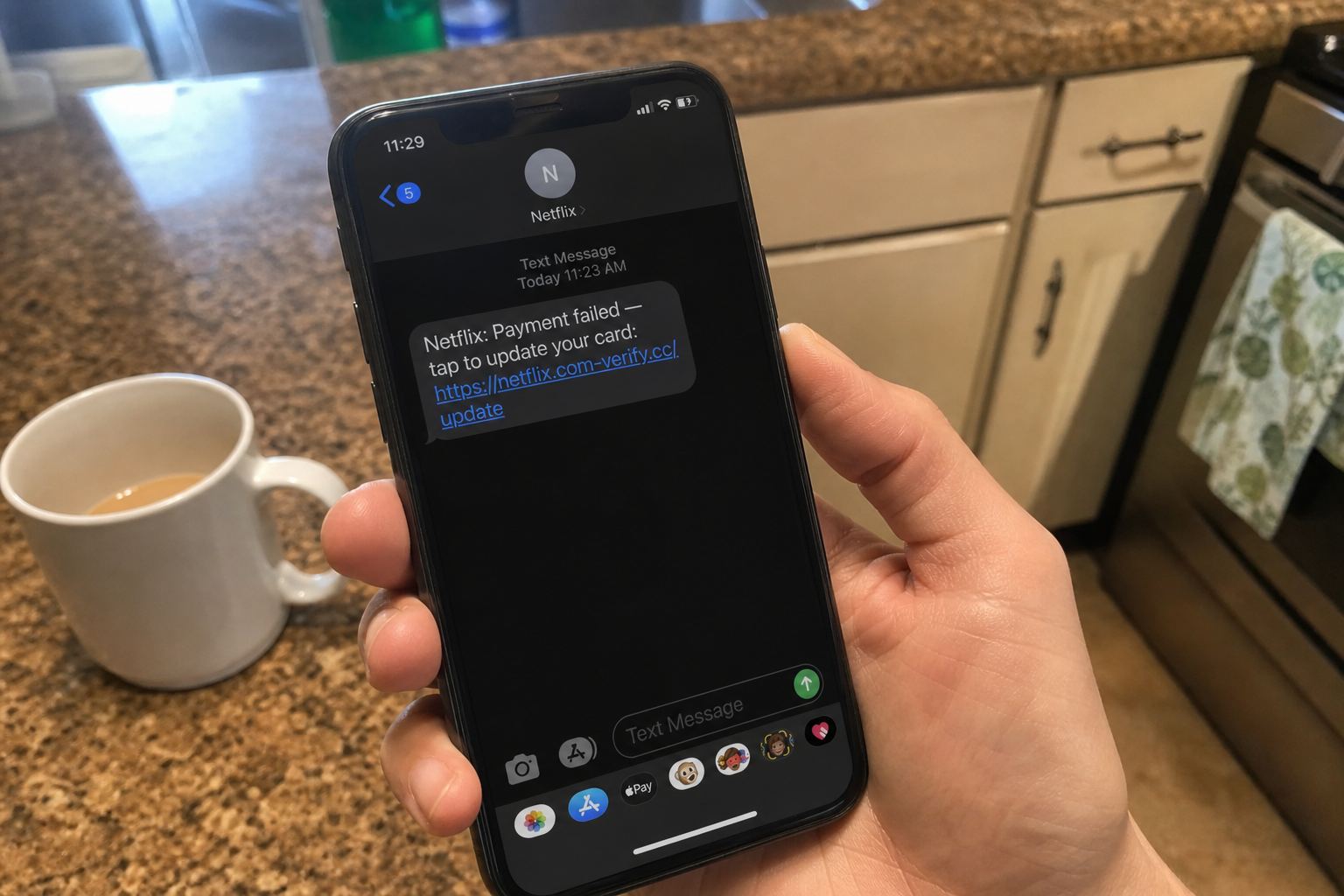 A phone showing a Netflix payment-failed text with a tap-to-update link.