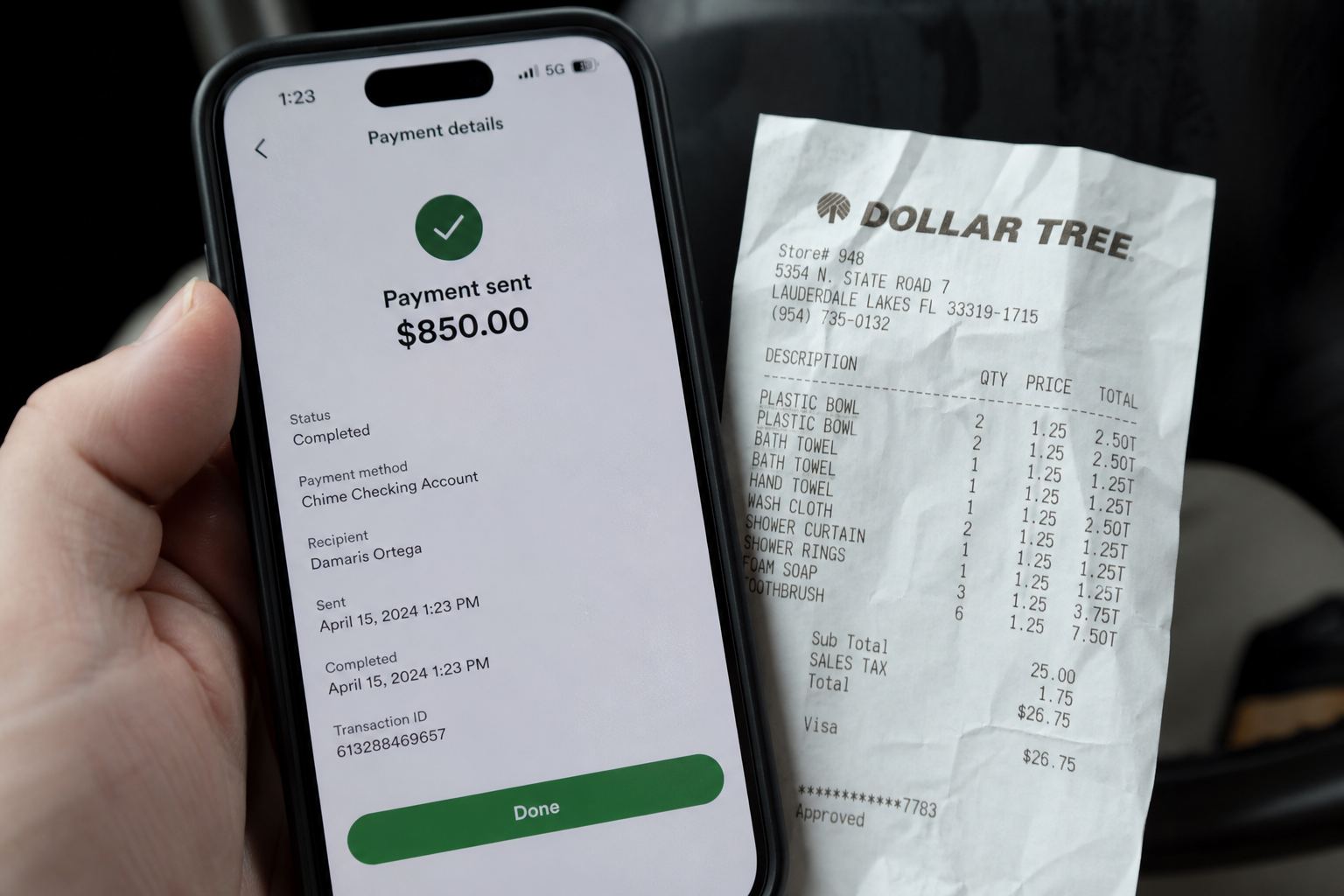 A banking app showing a completed payment next to a crumpled receipt.