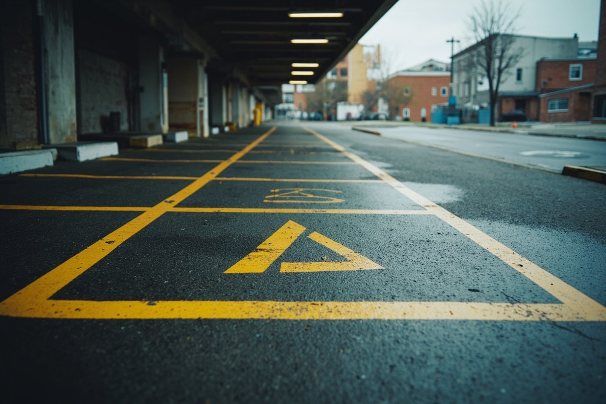Empty street parking bay with double yellow lines under overcast daylight